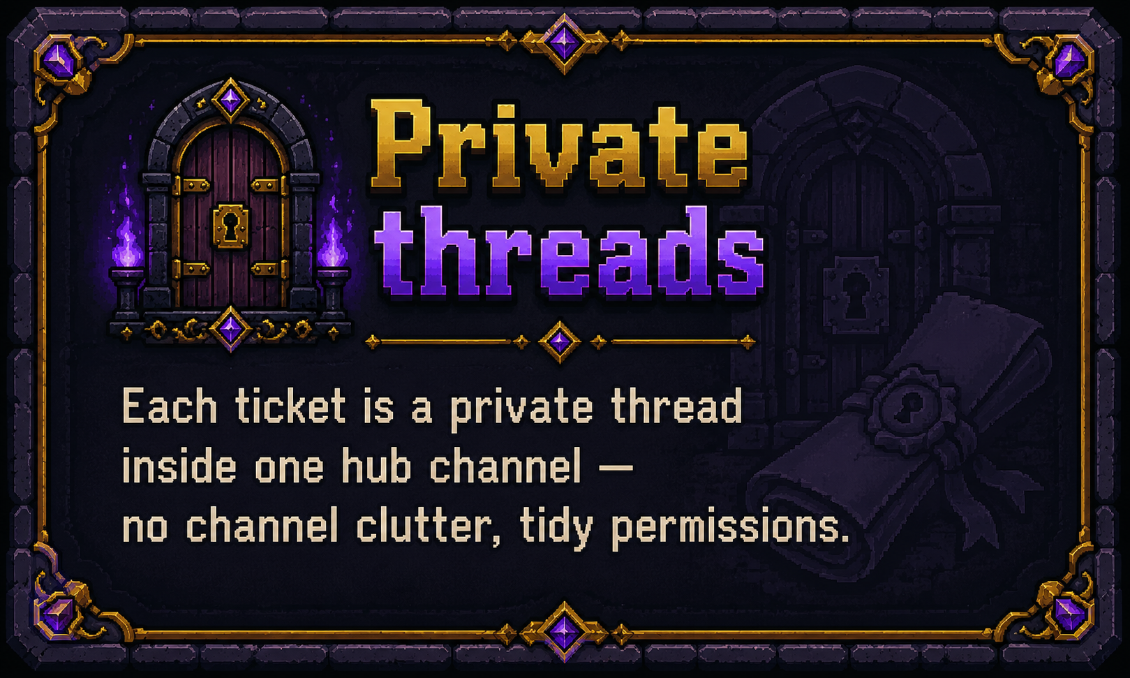 Private threads — each ticket is a private thread inside one hub channel.